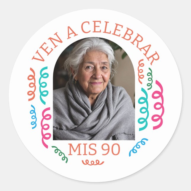 Foto Personalizada Fiesta de 90 Años Runder Aufkleber (Vorderseite)