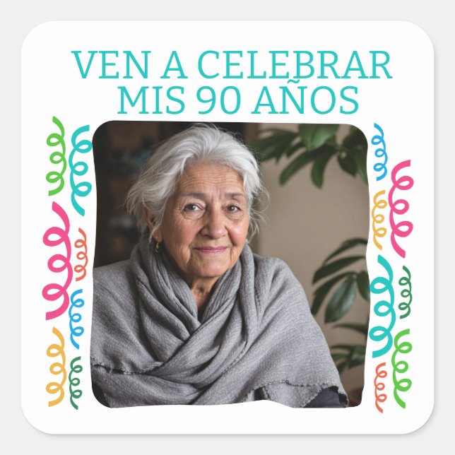 Foto Personalizada Mis 90 Años Fiesta Quadratischer Aufkleber (Vorderseite)