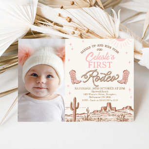 Foto Pink Brown Cowgirl First Rodeo 1. Geburtstag Einladung