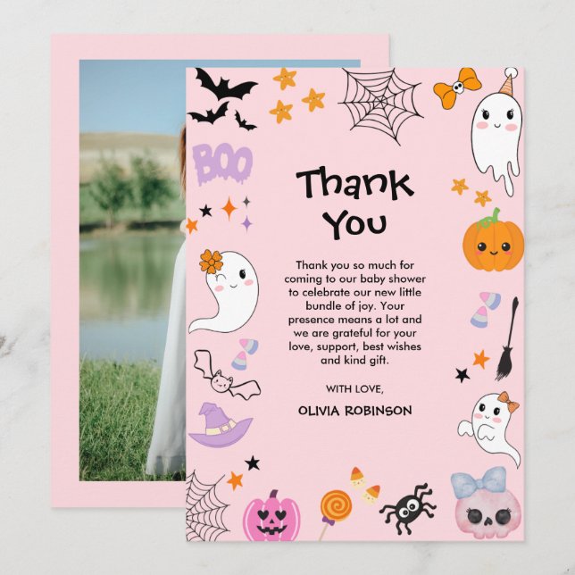 Foto Pink ein wenig Boo Niedlich Halloween Kinderd Dankeskarte (Vorne/Hinten)