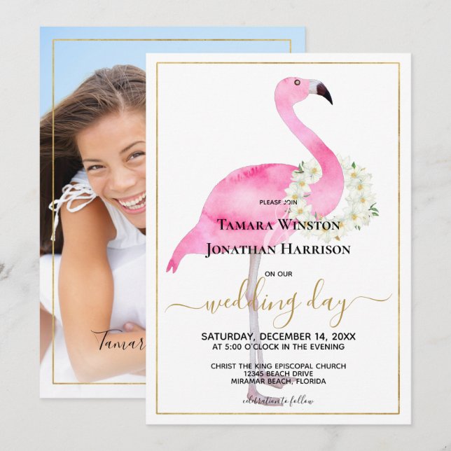 Foto Pink Flamingo Magnolias Beach Hochzeit Einladung (Vorne/Hinten)