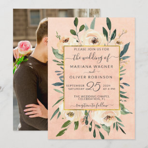 Foto Pink Floral Beige Gold Hochzeit Einladung
