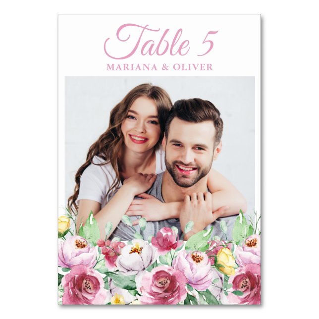 Foto Pink Floral Wedding Tischnummer (Vorderseite)