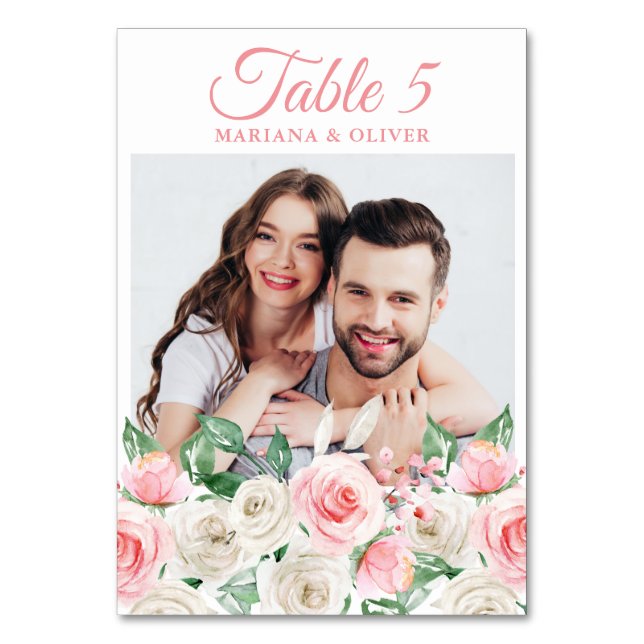 Foto Pink Peach Floral Wedding Tischnummer (Vorderseite)