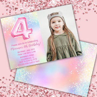 Foto Pink Rainbow 4. Geburtstag Einladung