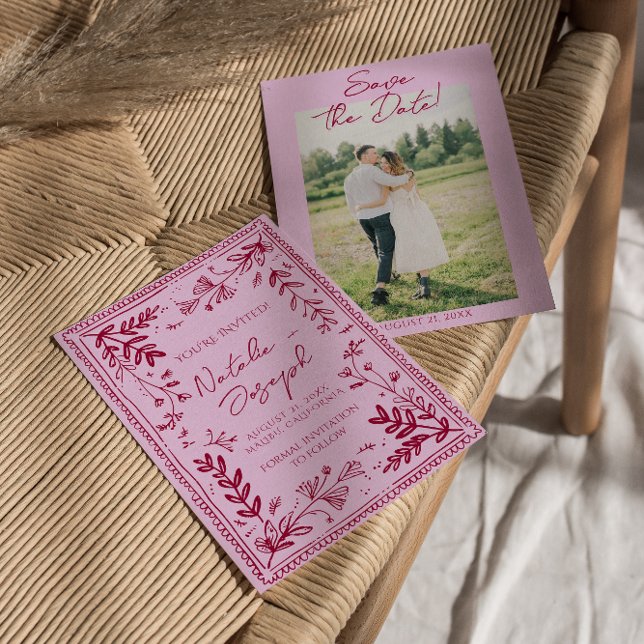 Foto Pink Raspberry Gezeichnete Florale Save The D Date (Von Creator hochgeladen)