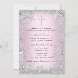Foto Pink Silver Snowflake Taufe/Weihnachten Einladung