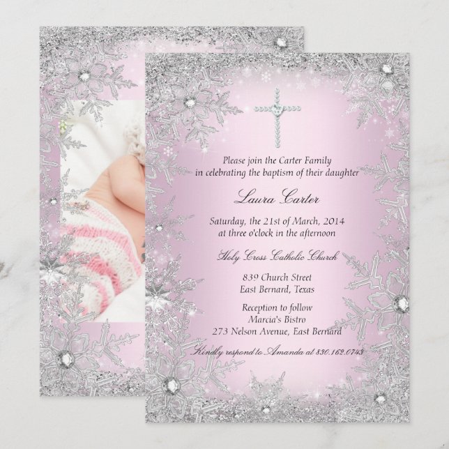 Foto Pink Silver Snowflake Taufe/Weihnachten Einladung (Vorne/Hinten)