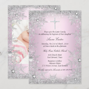 Foto Pink Silver Snowflake Taufe/Weihnachten Einladung