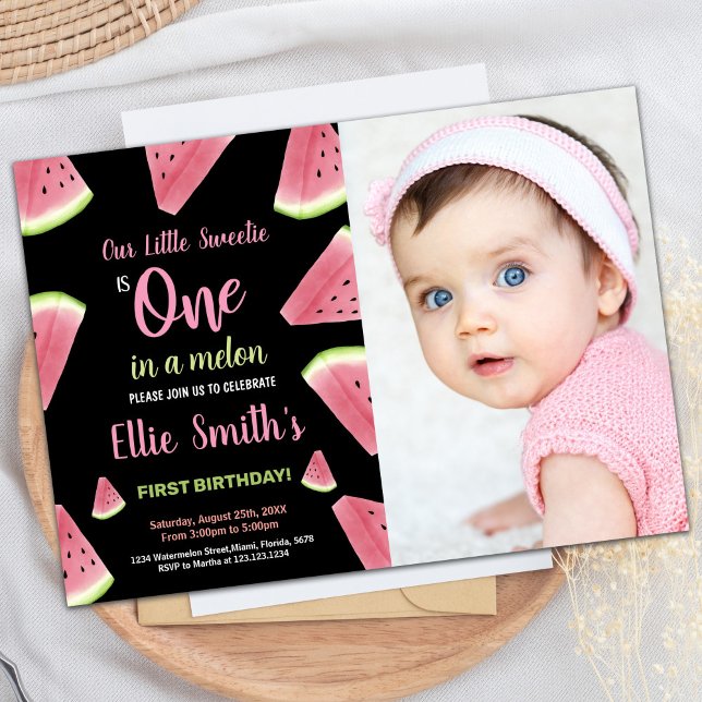 Foto Pink Slices Green Watermelon Geburtstag Einladung (Photo Pink Slices Green Watermelon Birthday Invitation)