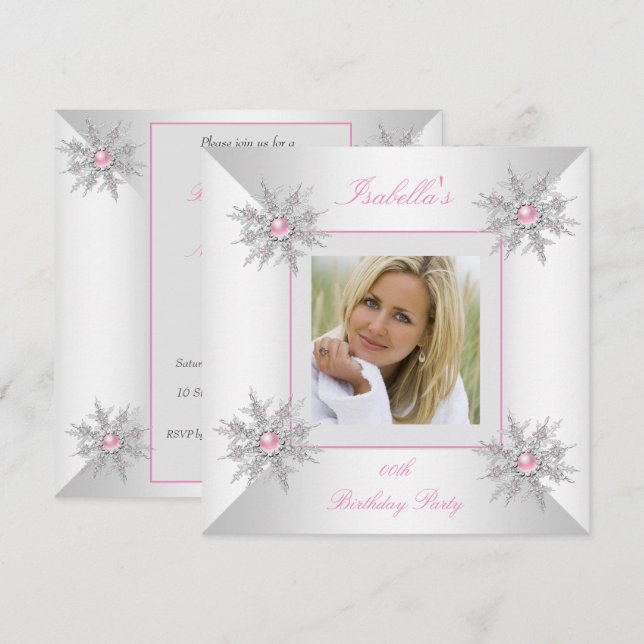 Foto Pink Snowflakes Winter Wunderland Party Einladung (Vorne/Hinten)