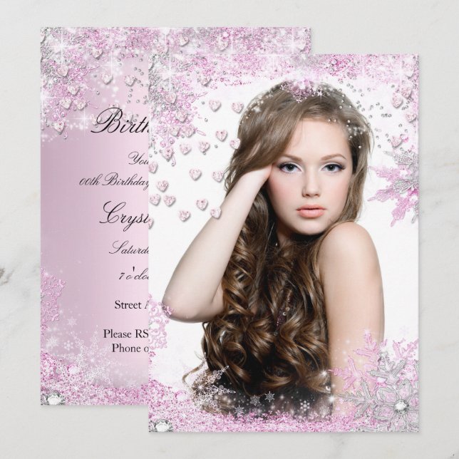 Foto Pink Sparkle Herz Birthday Einladung (Vorne/Hinten)