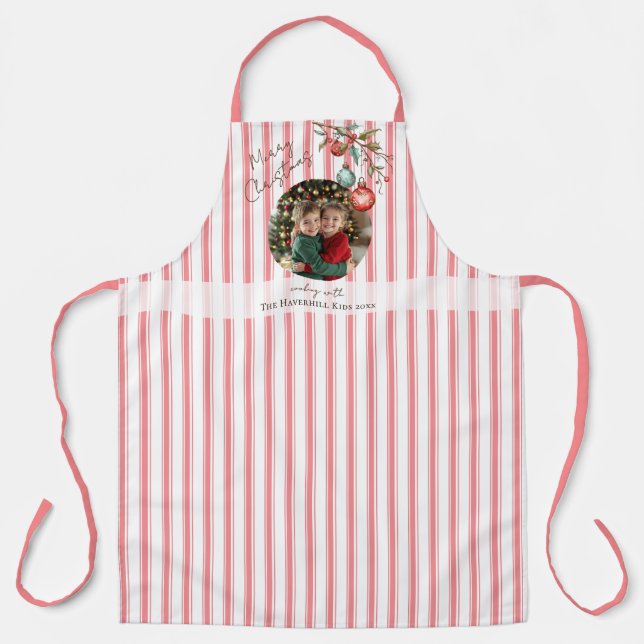 Foto Pink Stripe Familienname Kinder frohe Weihnac Schürze (Vorderseite)