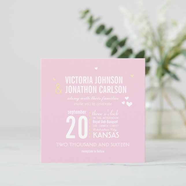 Foto Pink und Gelb Zig Zag Typografie Hochzeit Einladung (Stehend Vorderseite)