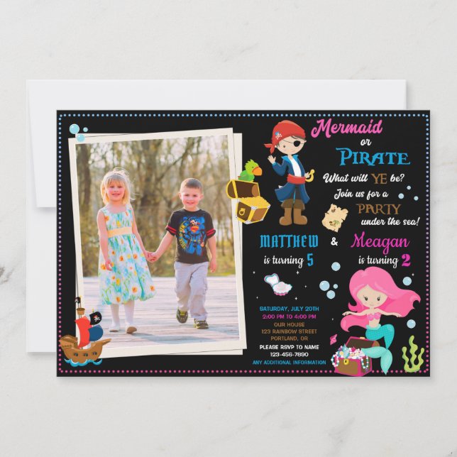 Foto Pirate und Mermaid zum Geburtstag Einladung (Vorderseite)