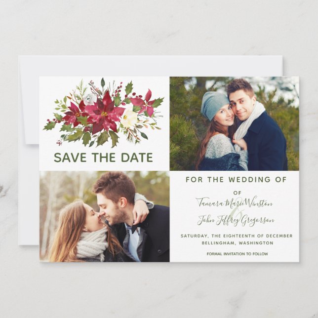 Foto Poinsettia Grüne Weihnachten Save the Date Einladung (Vorderseite)