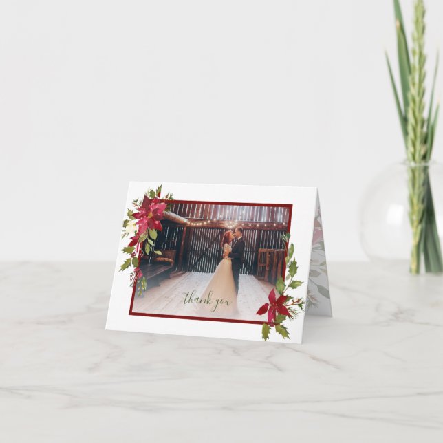 Foto Poinsettia Grüne Weihnachtsfeier Dankeskarte (Vorderseite)