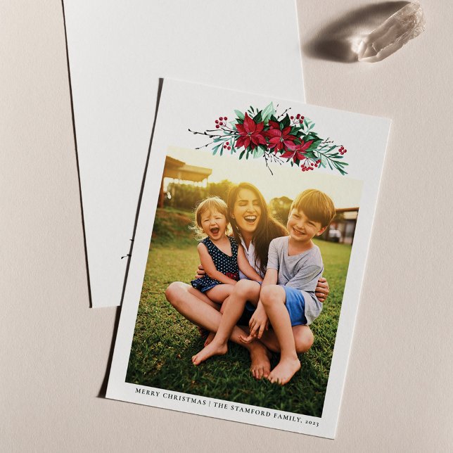 Foto Poinsettia Weihnachten (Floral Poinsettia Christmas Holidays Family Photo Greetings Card)