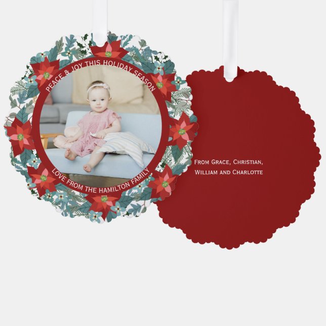 Foto Poinsettia Wreath Personalisierte Weihnachten Ornament Karte (Vorderseite/Rückseite)