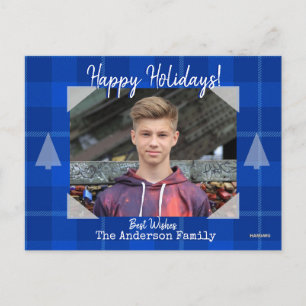Foto Postkarte mit blauem Kariertem Hintergrund
