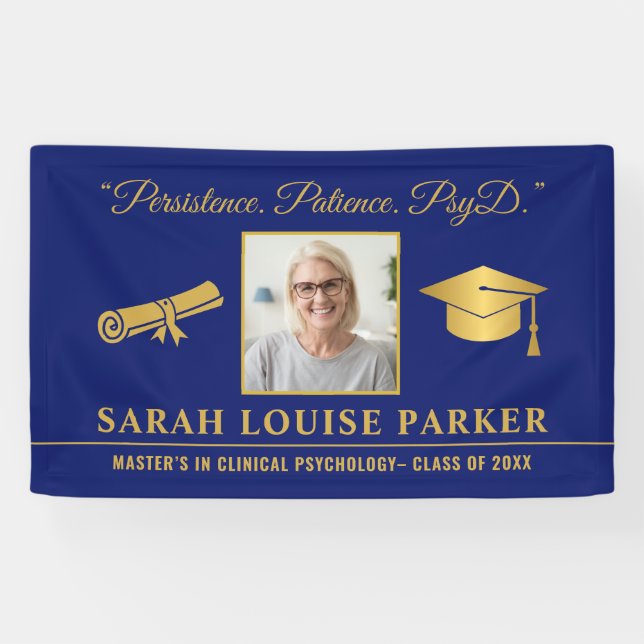 Foto PsyD Abschluss 2025 zitieren Blau und Gold Banner (Horizontal)