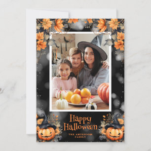 Foto Pumpkin Floral Happy Halloween Card Feiertagskarte