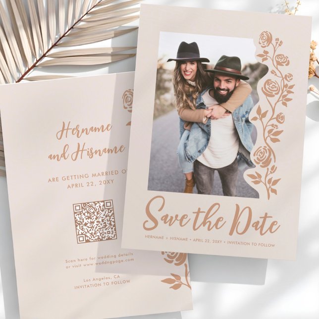 Foto QR Code Boho Earthy Hand Drawing Rose Website Save The Date (Von Creator hochgeladen)
