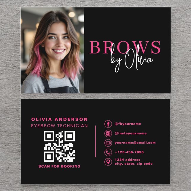 Foto QR Code Eyebrows Brows Artist Hot Pink Black Visitenkarte (Von Creator hochgeladen)