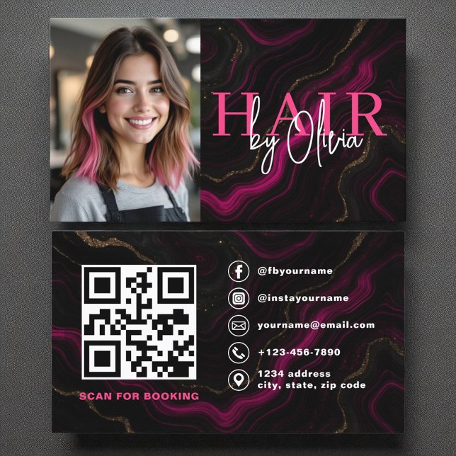 Foto QR Code Hair Stylist Black Hot Pink Agate Visitenkarte (Von Creator hochgeladen)