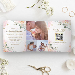 Foto QR-Code Hochzeitscodierung für Rosa Gold Dreifach Gefaltete Einladung