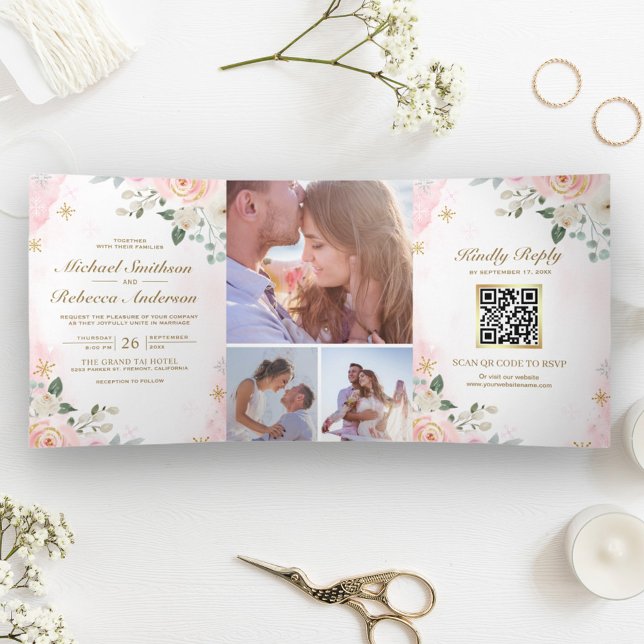 Foto QR-Code Hochzeitscodierung für Rosa Gold Dreifach Gefaltete Einladung (Von Creator hochgeladen)