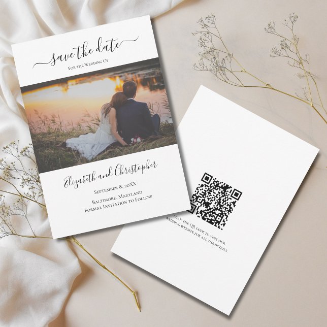 Foto QR-Code Hochzeitssache speichern das Datum (Photo QR Code Modern Calligraphy Trendy Wedding Save the Date. )