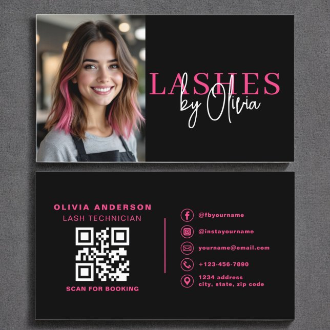 Foto QR Code Lashes Techniker Hot Pink Black Visitenkarte (Von Creator hochgeladen)