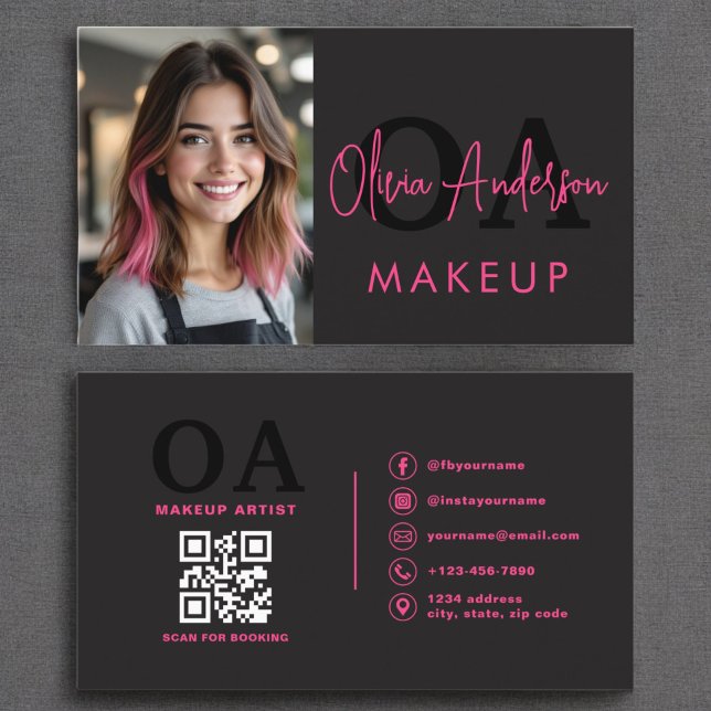 Foto QR Code Makeup Artist Hot Pink Black Visitenkarte (Von Creator hochgeladen)