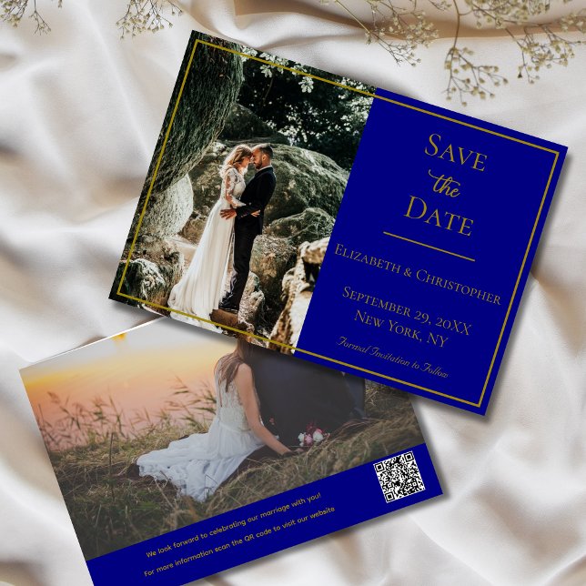 Foto QR Code Navy Blue Gold Elegante Hochzeit Save The Date (Photo QR Code Navy Blue and Gold Wedding Save the Date. Elegant Formal Traditional Classic)