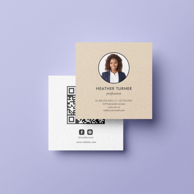 Foto QR CODE oder Logo Beruflich Ecrù Quadratische Visitenkarte (ECRU BEIGE NEUTRAL COLOR PROFESSIONAL PHOTO BUSINESS CARD WITH INSTAGRAM FACEBOOK ICON AND QR CODE)