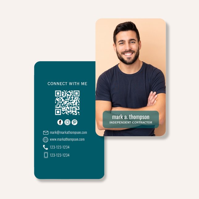 Foto-QR-Code Verbinde Dich Mit Mir Teal Modern Visitenkarte (Modern photo QR code contact design with teal layout and clean professional branding)