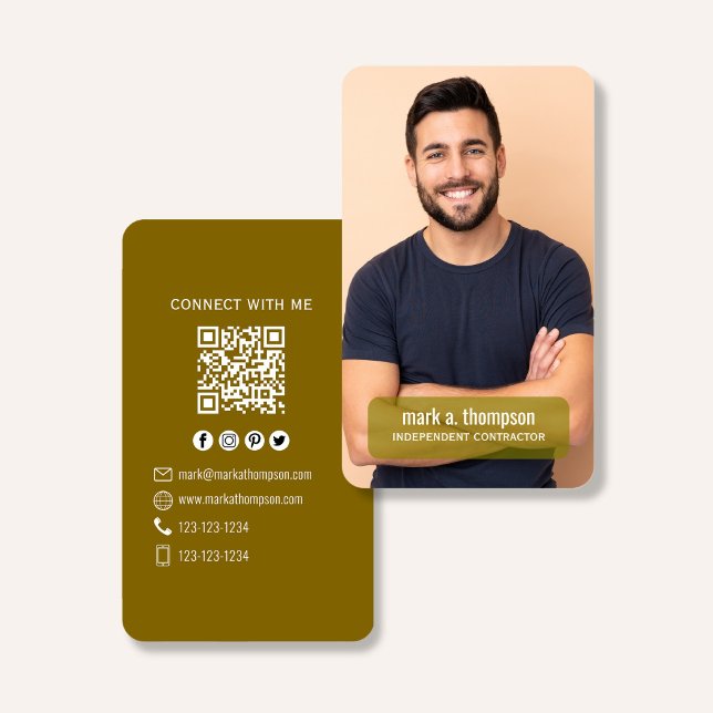 Foto-QR-Code-Verbindung mit mir Senf Modern Visitenkarte (Mustard gold QR code business card with photo and clean modern layout)