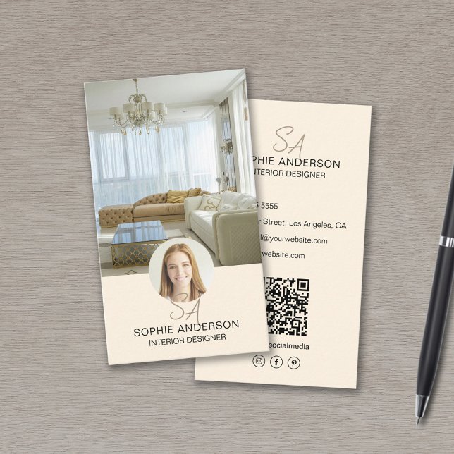Foto QR Creme Designer für Monogramm Visitenkarte (Monogram Photo QR Cream Interior Designer Business Card)