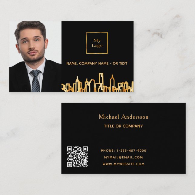 Foto-QR-Logo der Skyline "Black Gold" Visitenkarte (Vorne/Hinten)