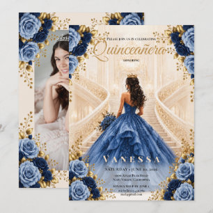 Foto Quinceanera Blau und Gold Einladung