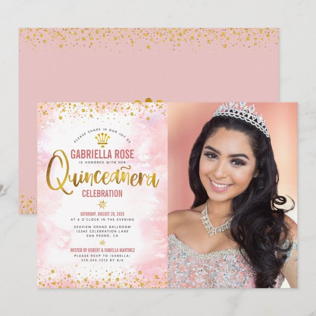 Foto Quinceañera Blush Pink Gold Glitzer Tiara Einladung (Vorne/Hinten)