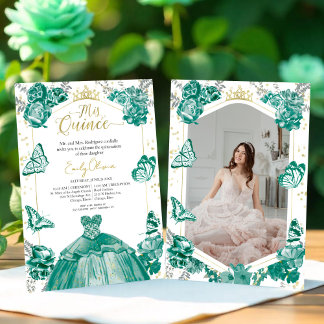 Foto Quinceanera Einladung Emerald Green Floral