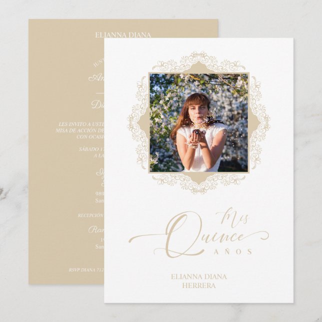 Foto Quinceañera Español Efecto Encaje Dorado Einladung (Vorne/Hinten)
