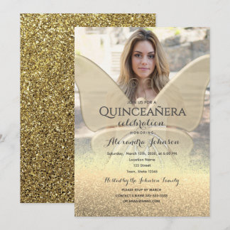 Foto Quinceanera Glitzer Gold Butterfly Einladung