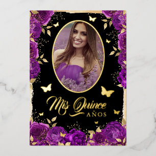 Foto Quinceanera Lila Gold Rose Schmetterling Folieneinladung
