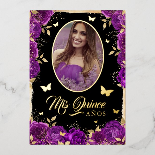 Foto Quinceanera Lila Gold Rose Schmetterling Folieneinladung (Vorderseite)