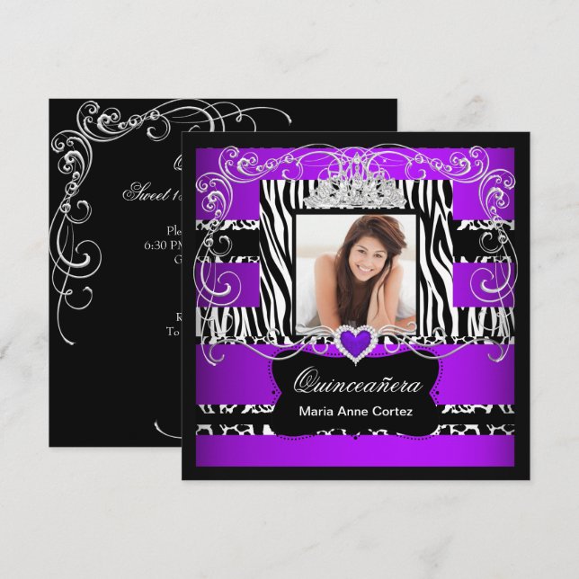 Foto Quinceanera Lila Zebra-Kuh Einladung (Vorne/Hinten)