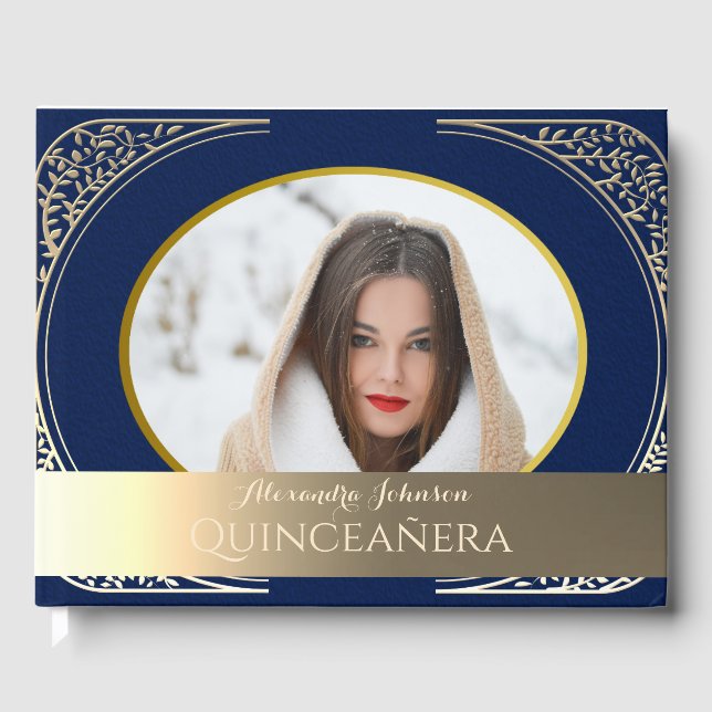 Foto Quinceanera Navy Blue und Gold Gästebuch (Vorderseite)