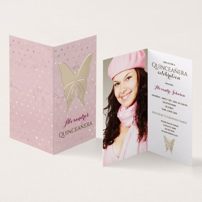 Foto Quinceanera Rose Gold Schmetterling Einladung (Innenseite und Außenseite)